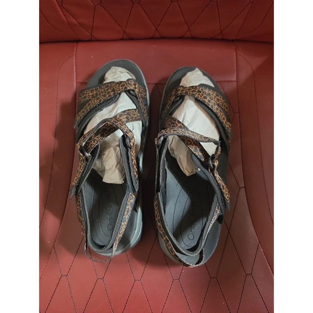 Orthofeet Women's Black/Brown Animal Print Strappy Sandals US 8 D